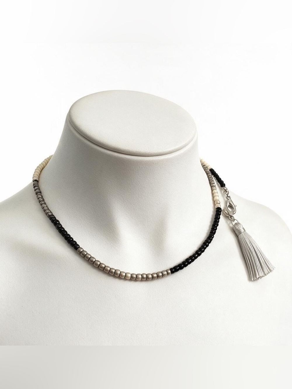 Minimalist Black, Silver and Cream Beaded 24” Necklace with Tassel